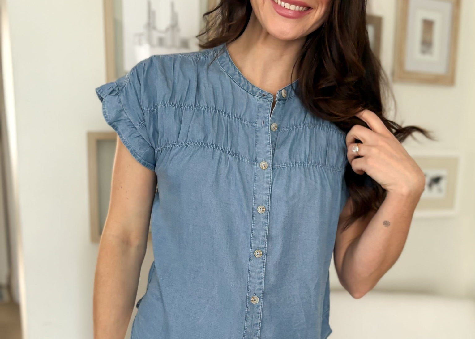 The Lina Chambray Shirred Yoke Button Down Top - Love and Lee Apparel