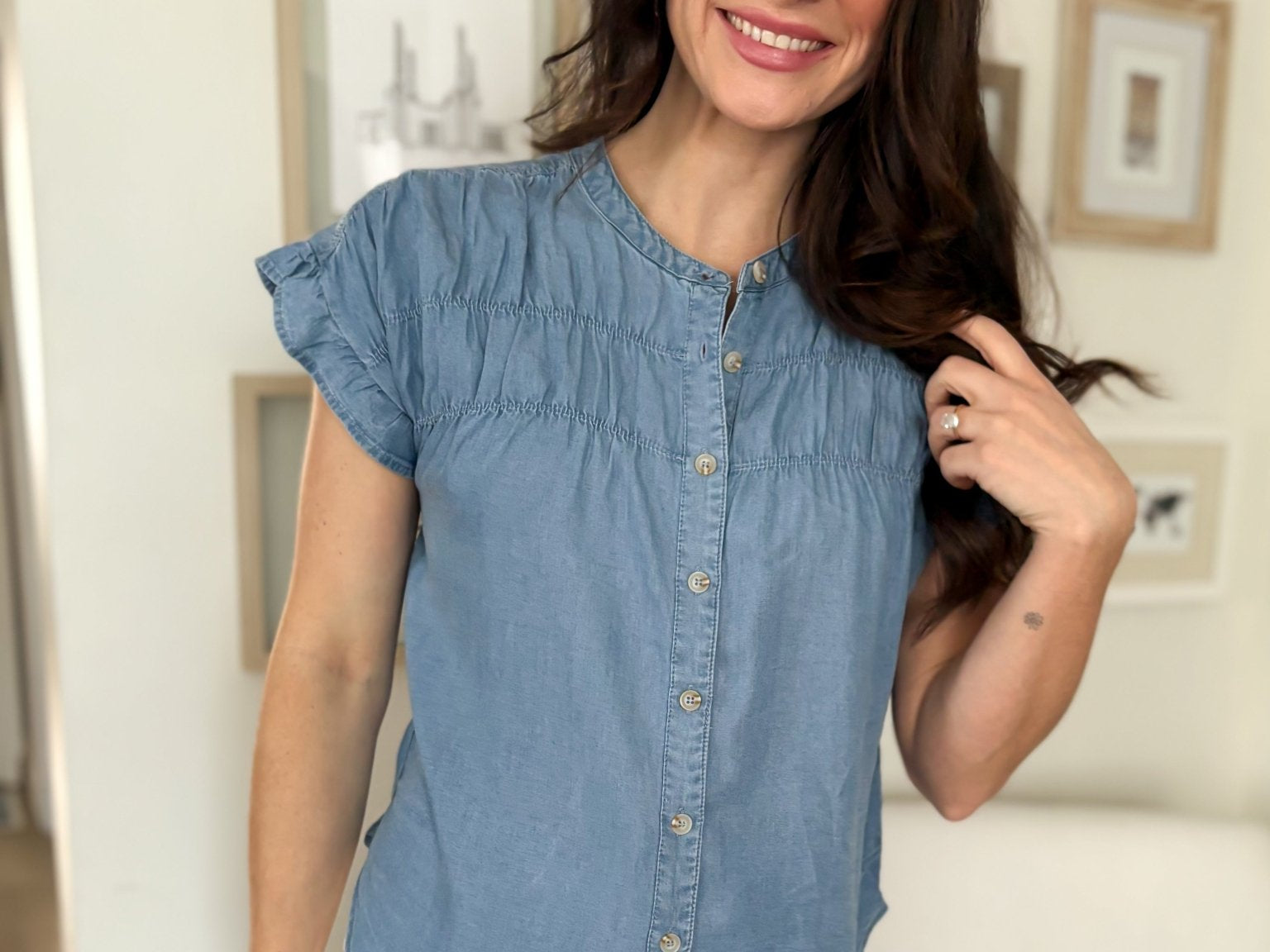 The Lina Chambray Shirred Yoke Button Down Top - Love and Lee Apparel