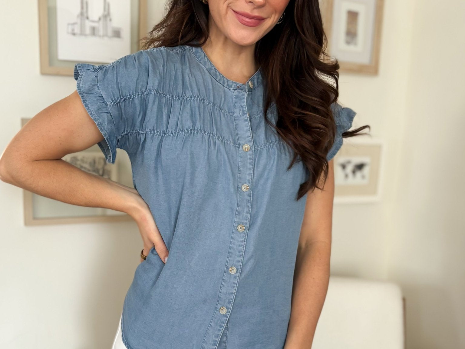 The Lina Chambray Shirred Yoke Button Down Top - Love and Lee Apparel