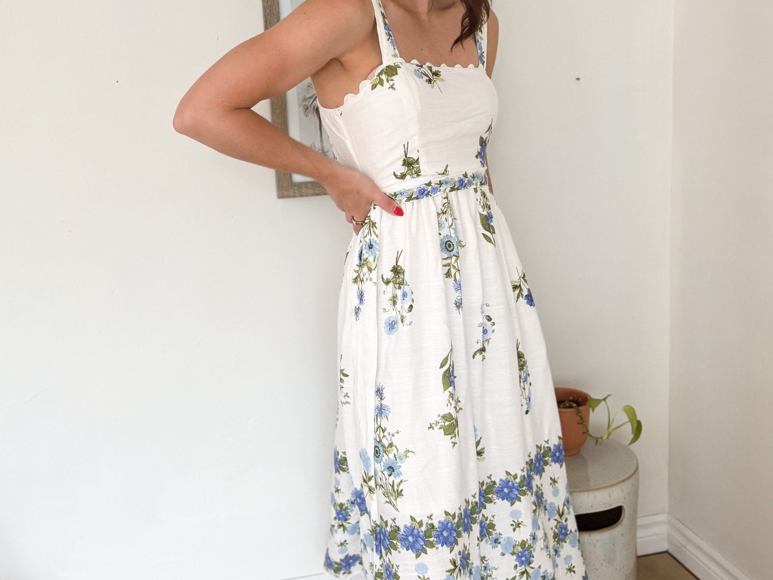 The Santorini Sunset Floral Border Pattern Belt Strap Midi Dress - Love and Lee Apparel