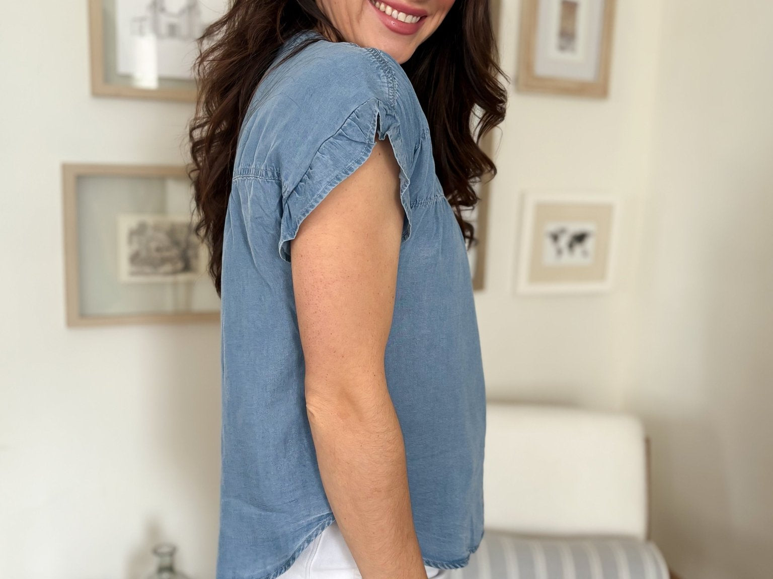The Lina Chambray Shirred Yoke Button Down Top - Love and Lee Apparel