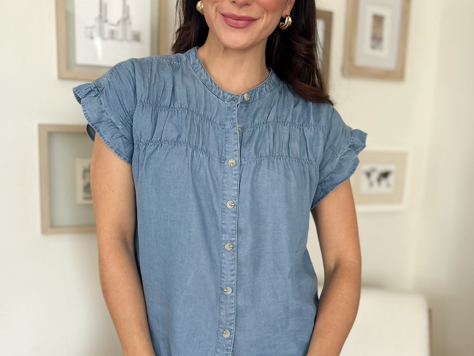 The Lina Chambray Shirred Yoke Button Down Top - Love and Lee Apparel