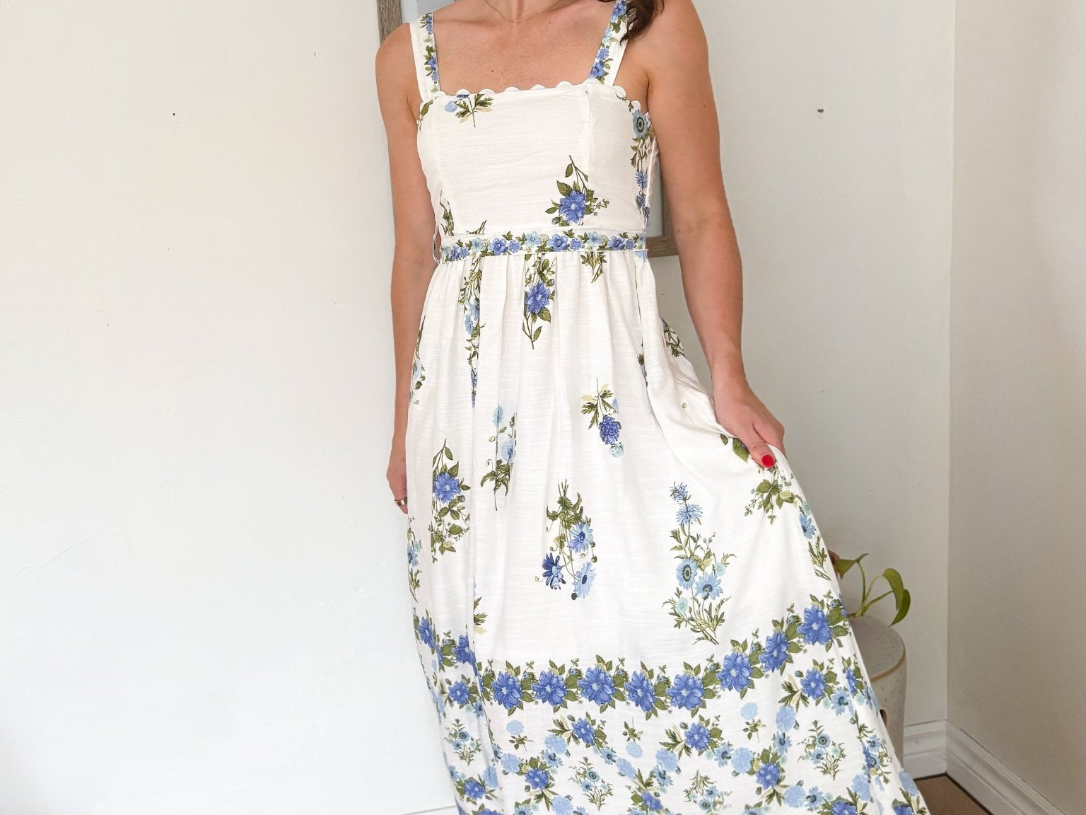 The Santorini Sunset Floral Border Pattern Belt Strap Midi Dress - Love and Lee Apparel