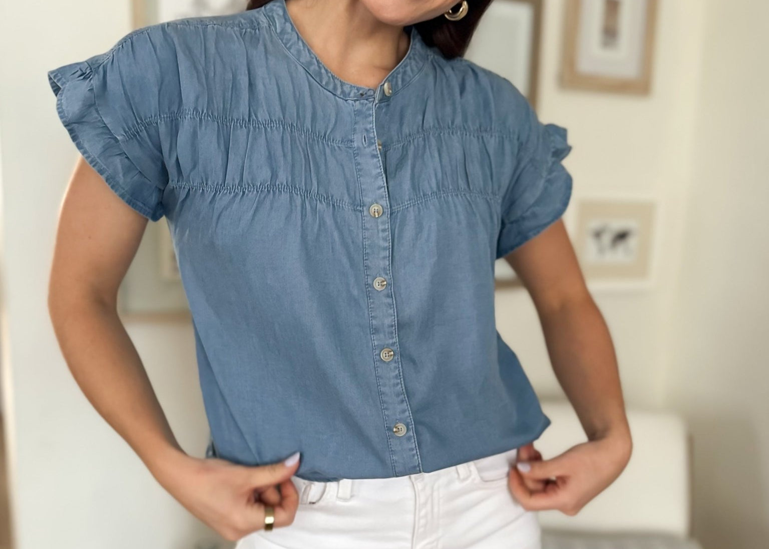 The Lina Chambray Shirred Yoke Button Down Top - Love and Lee Apparel