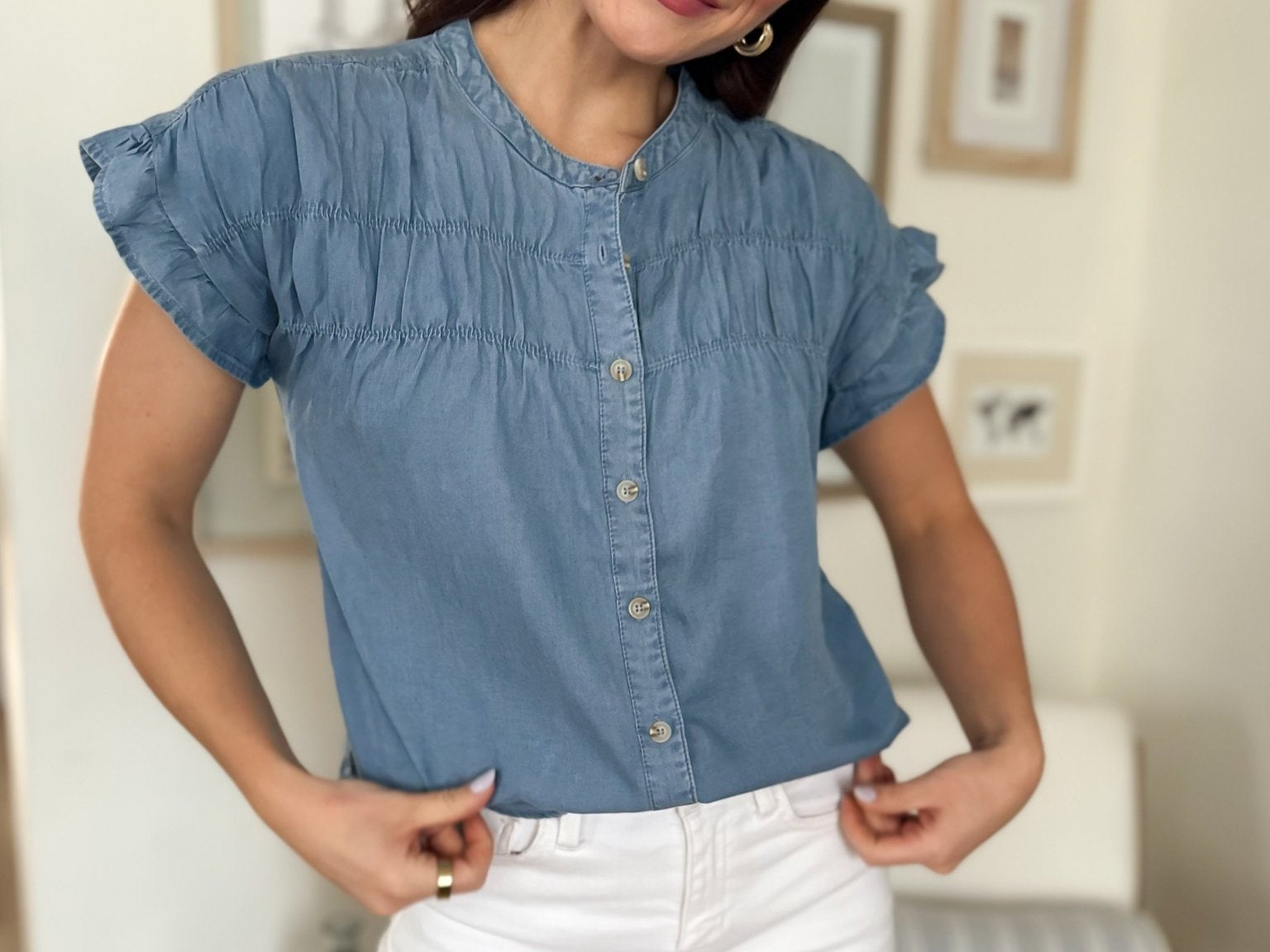 The Lina Chambray Shirred Yoke Button Down Top - Love and Lee Apparel