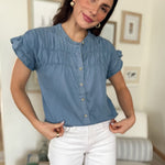The Lina Chambray Shirred Yoke Button Down Top - Love and Lee Apparel