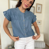 The Lina Chambray Shirred Yoke Button Down Top - Love and Lee Apparel