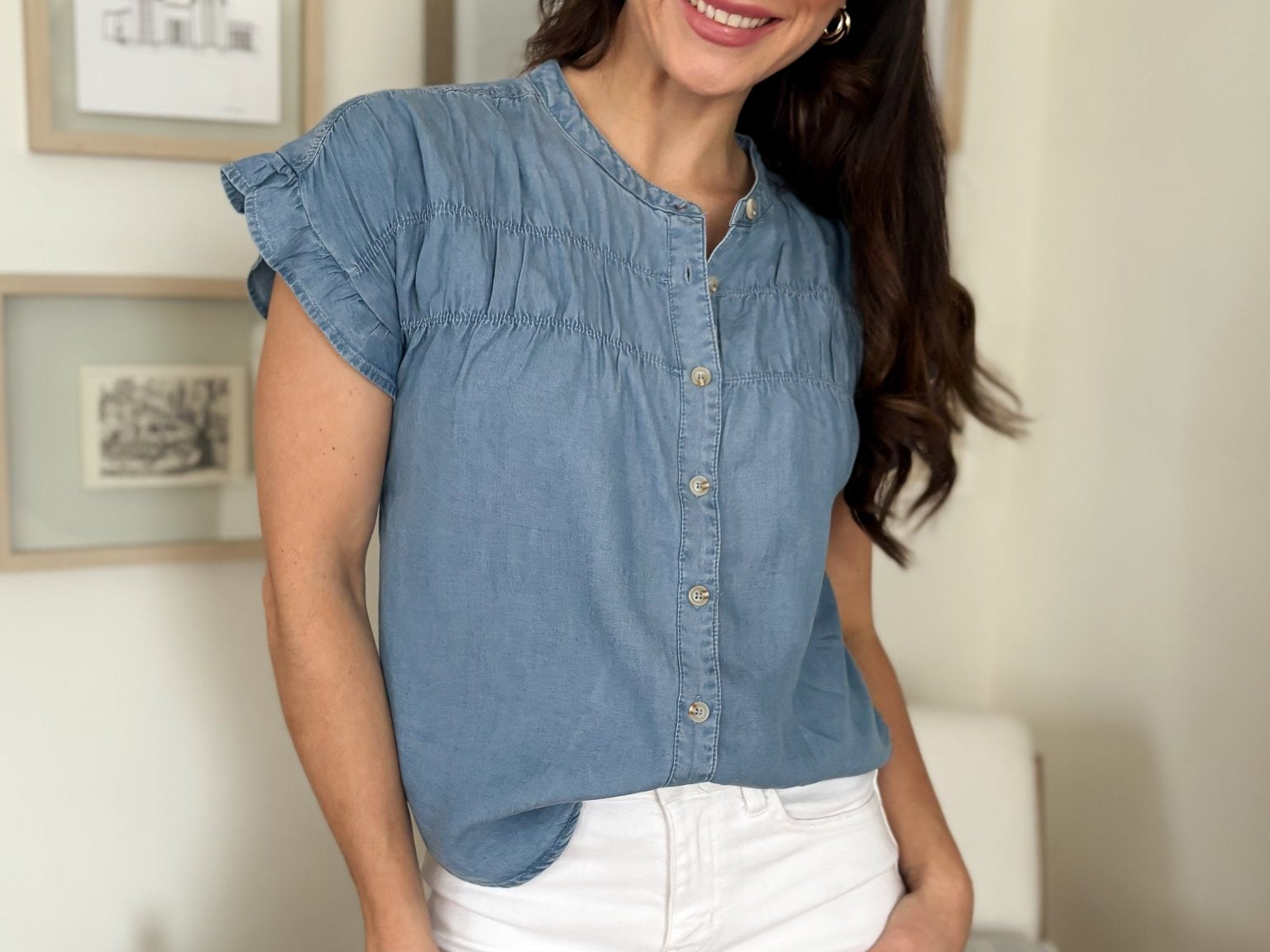 The Lina Chambray Shirred Yoke Button Down Top - Love and Lee Apparel