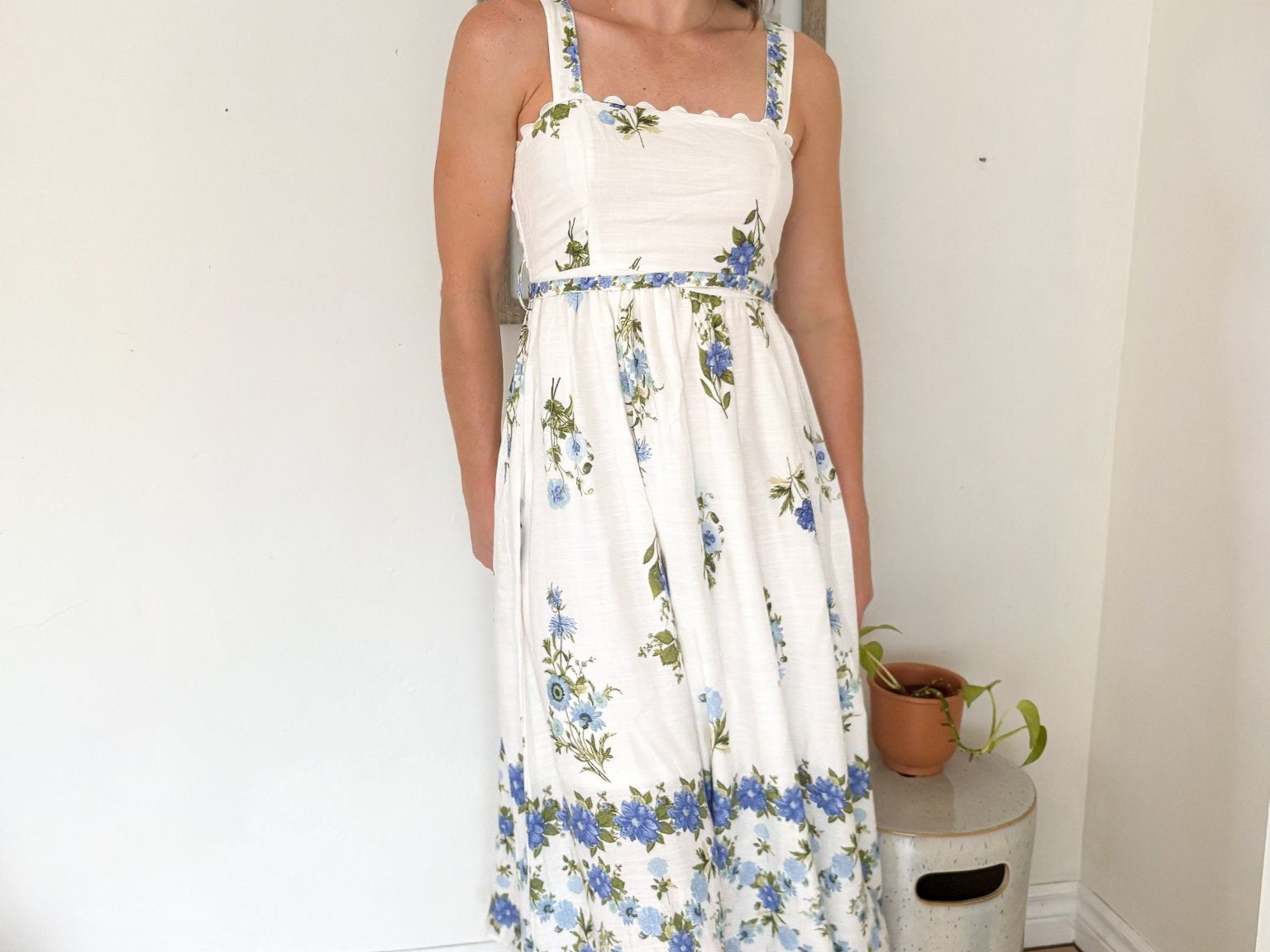 The Santorini Sunset Floral Border Pattern Belt Strap Midi Dress - Love and Lee Apparel