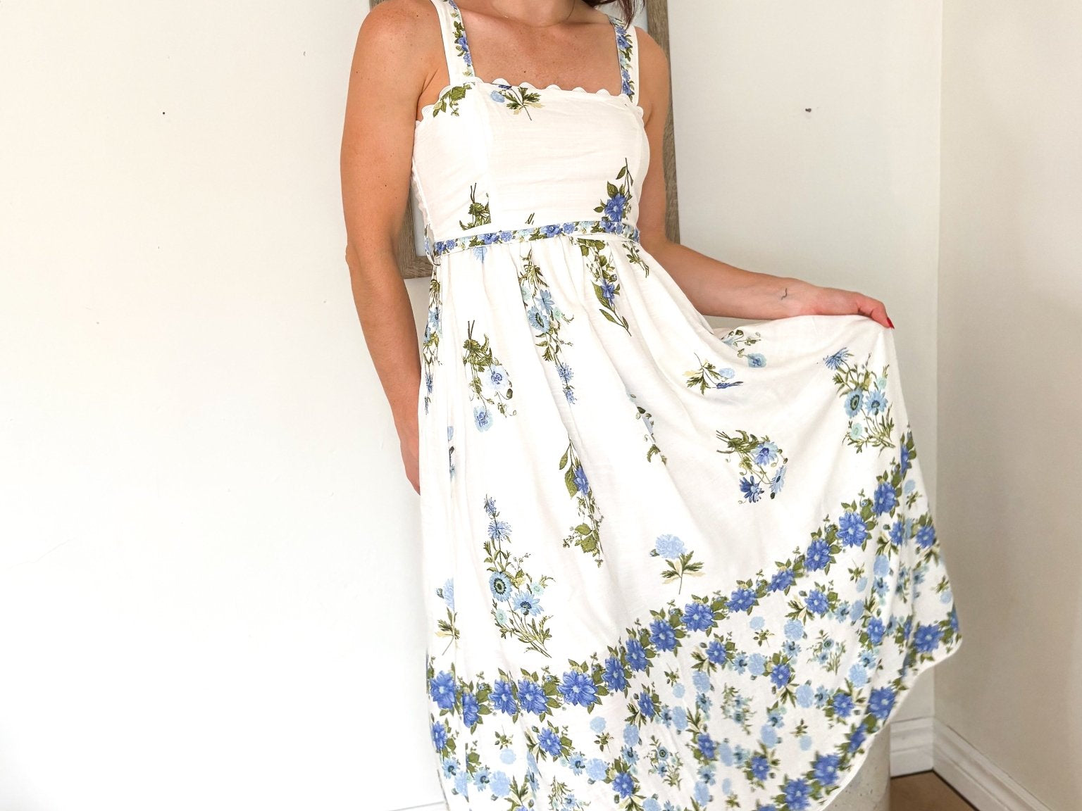 The Santorini Sunset Floral Border Pattern Belt Strap Midi Dress - Love and Lee Apparel