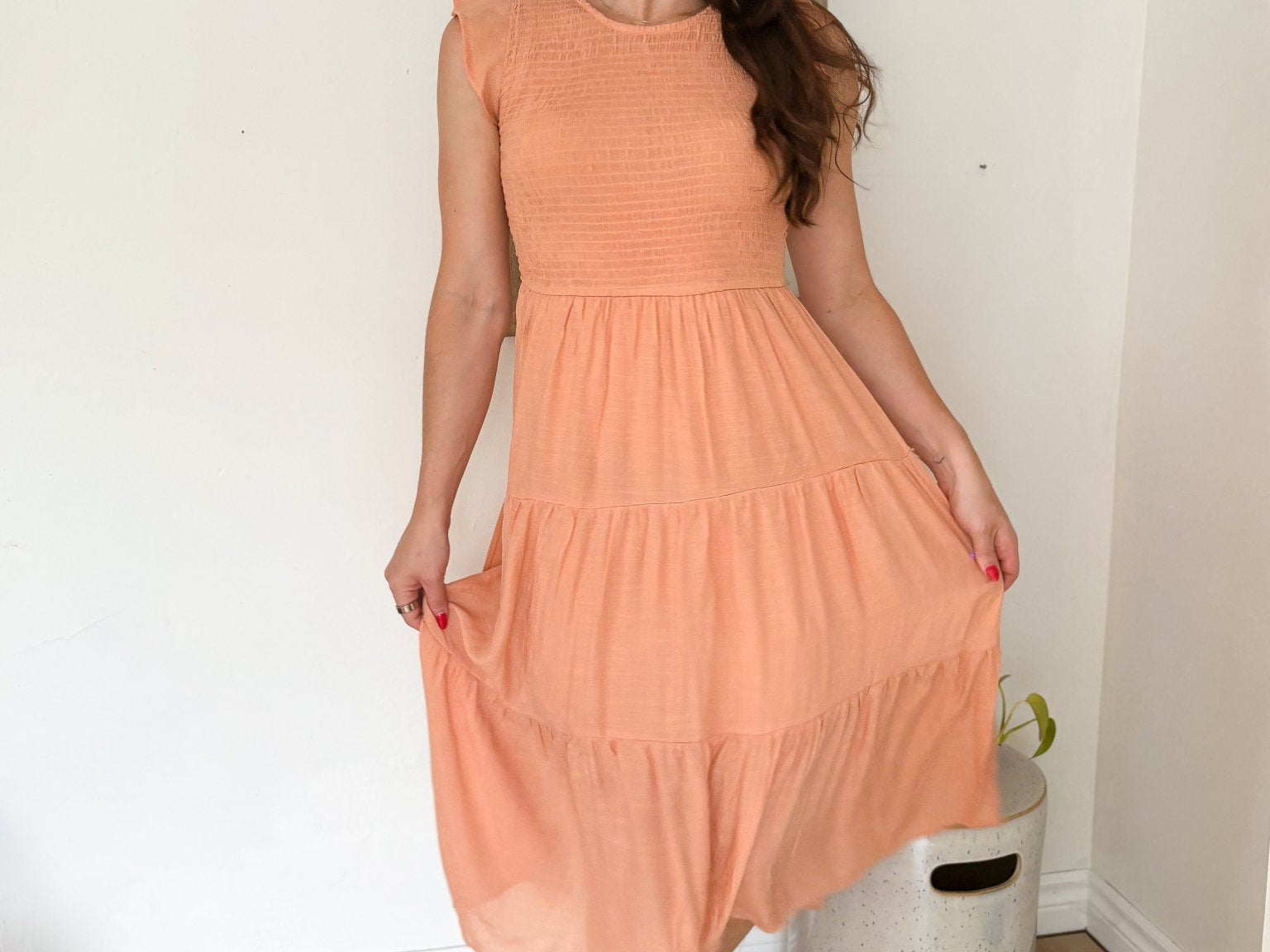 Peach Bellini Breeze Tiered Smocked Short Sleeve Midi Dress - Love and Lee Apparel