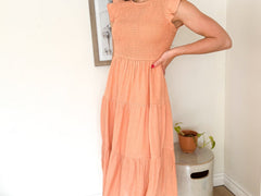 Peach Bellini Breeze Tiered Smocked Short Sleeve Midi Dress - Love and Lee Apparel