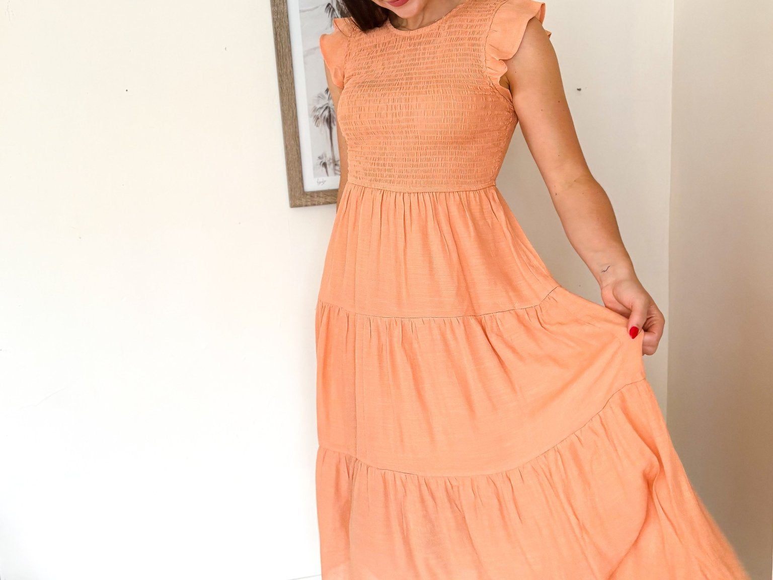 Peach Bellini Breeze Tiered Smocked Short Sleeve Midi Dress - Love and Lee Apparel