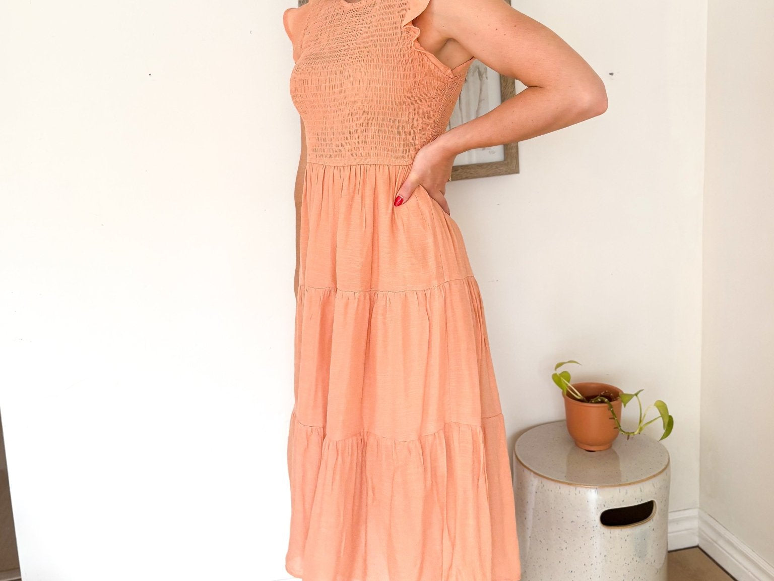Peach Bellini Breeze Tiered Smocked Short Sleeve Midi Dress - Love and Lee Apparel