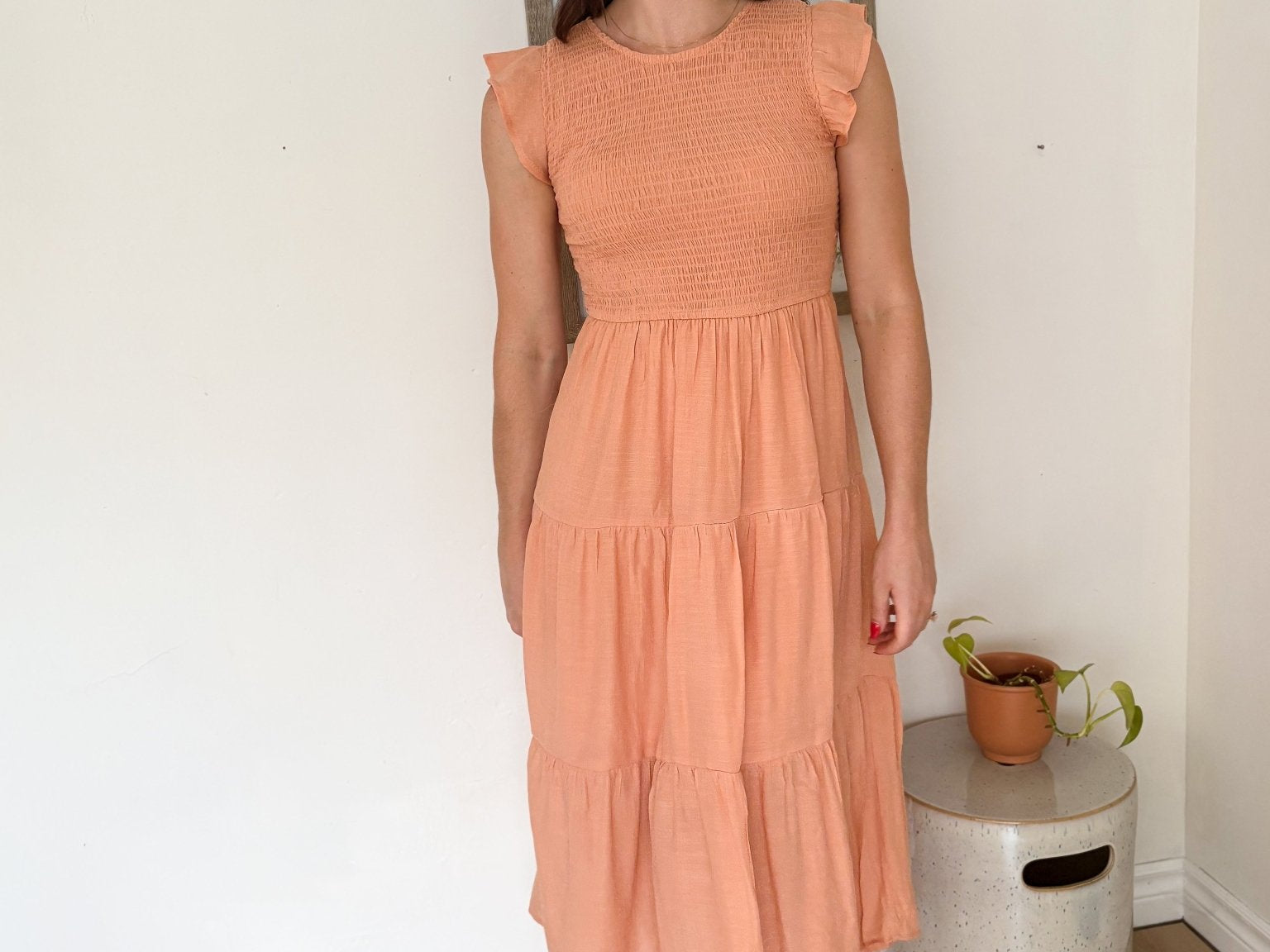 Peach Bellini Breeze Tiered Smocked Short Sleeve Midi Dress - Love and Lee Apparel