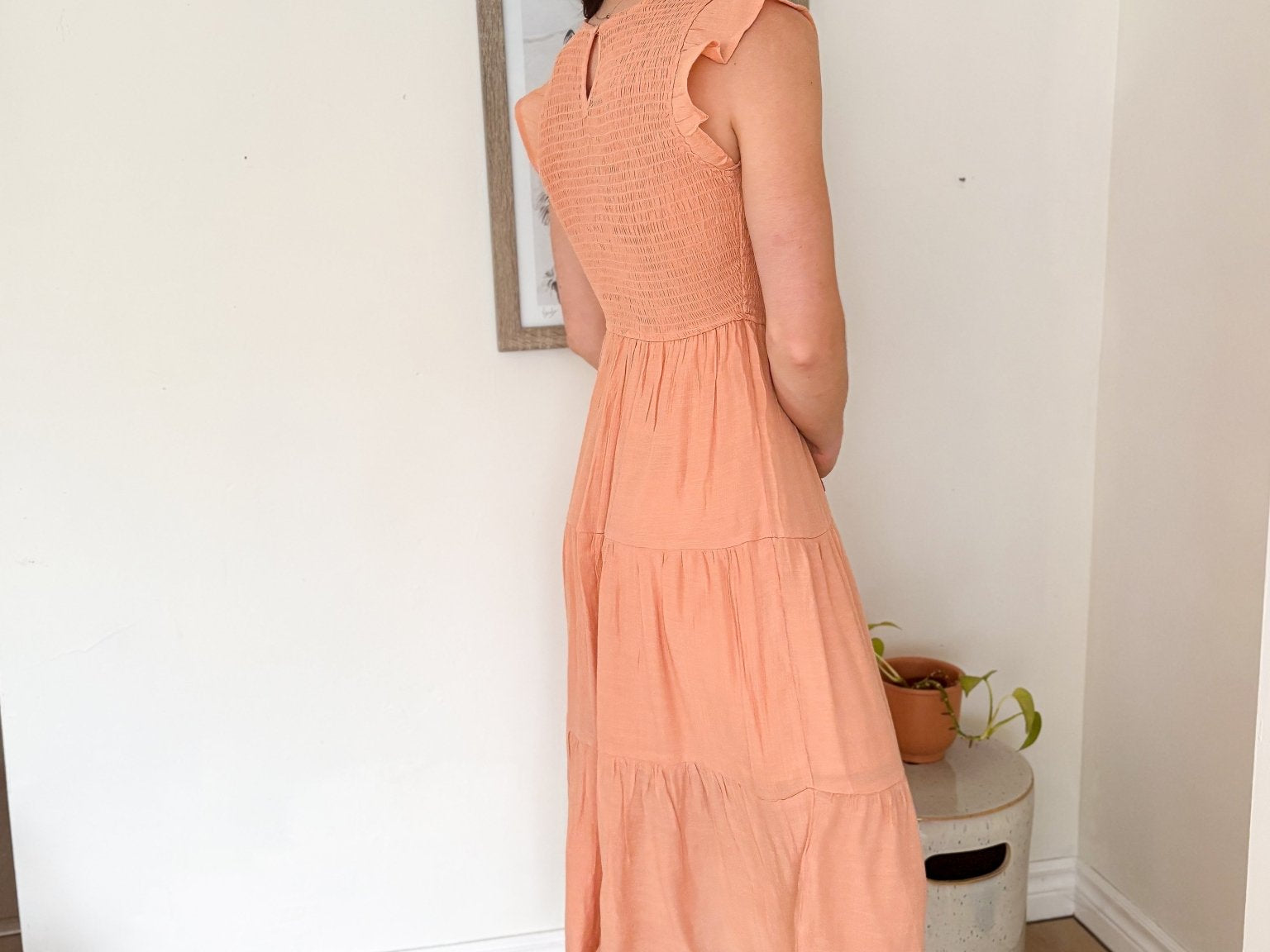 Peach Bellini Breeze Tiered Smocked Short Sleeve Midi Dress - Love and Lee Apparel