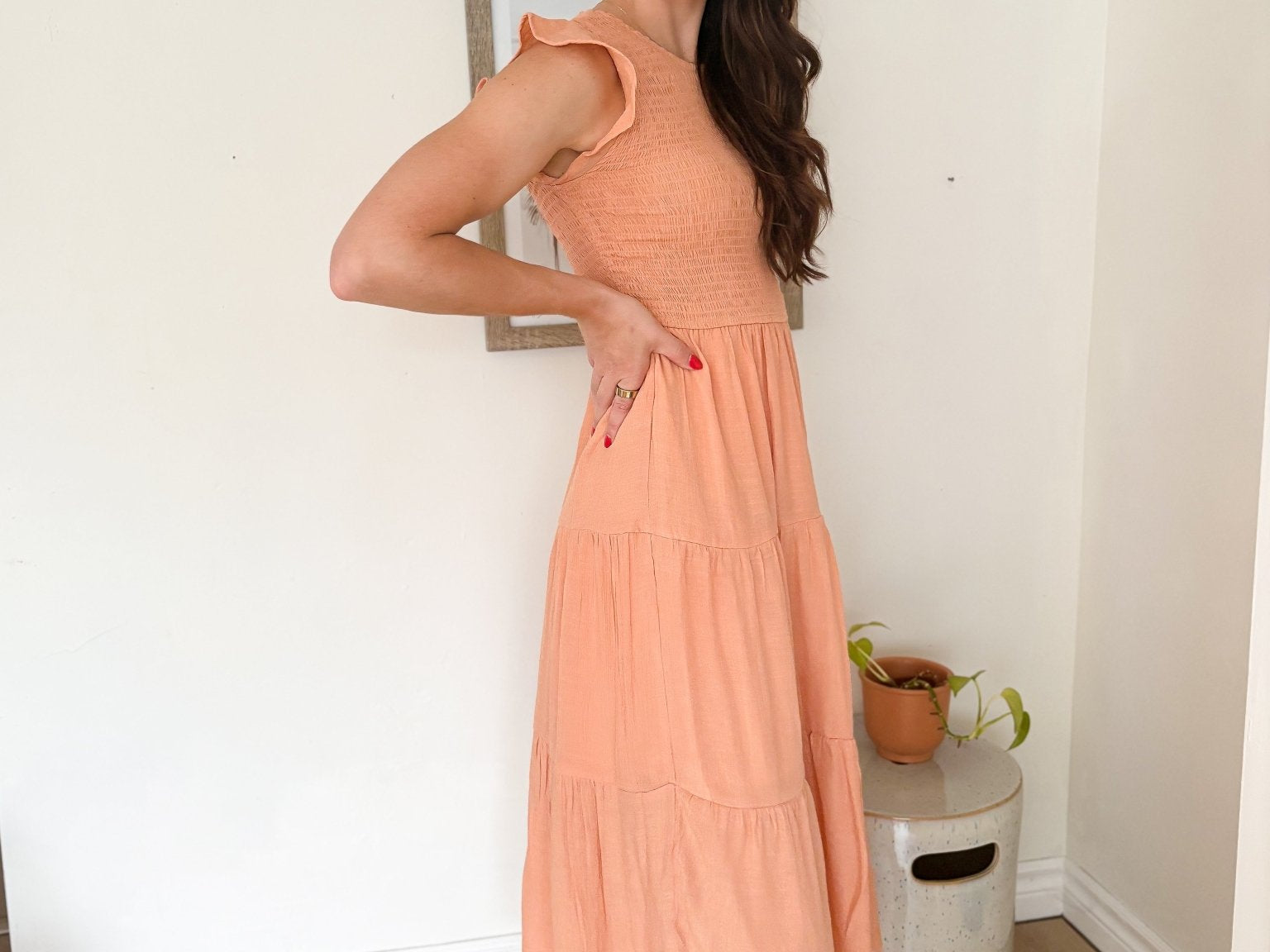 Peach Bellini Breeze Tiered Smocked Short Sleeve Midi Dress - Love and Lee Apparel