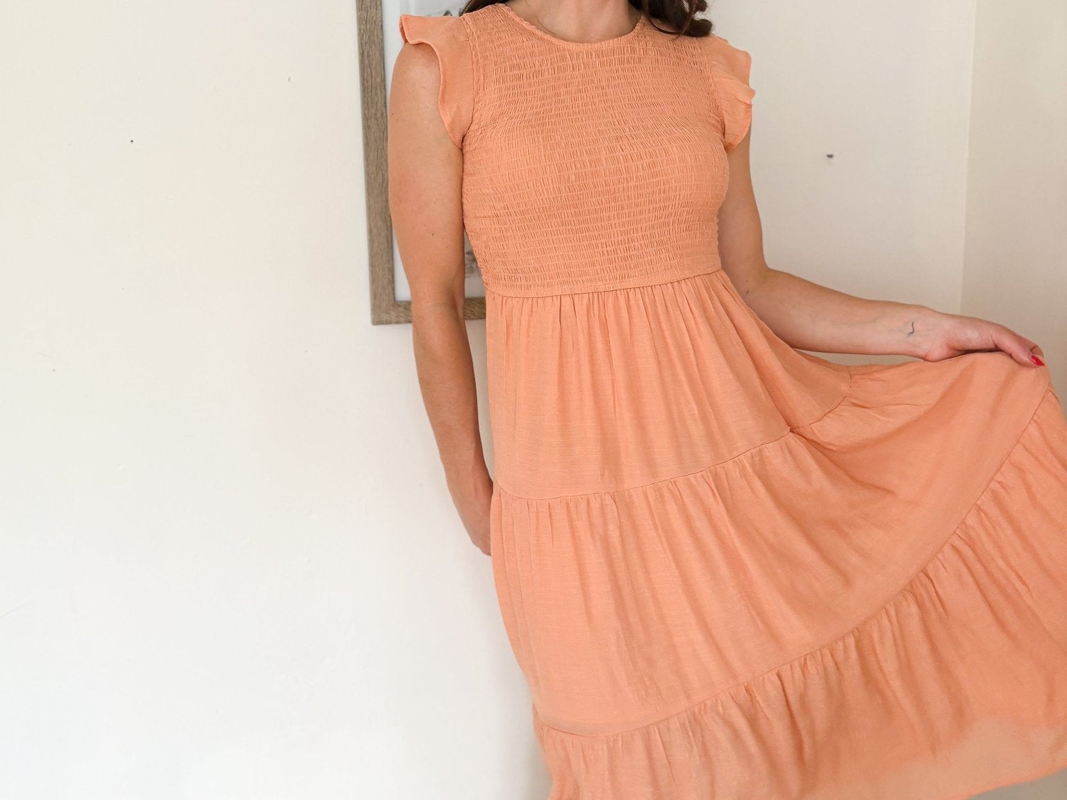 Peach Bellini Breeze Tiered Smocked Short Sleeve Midi Dress - Love and Lee Apparel