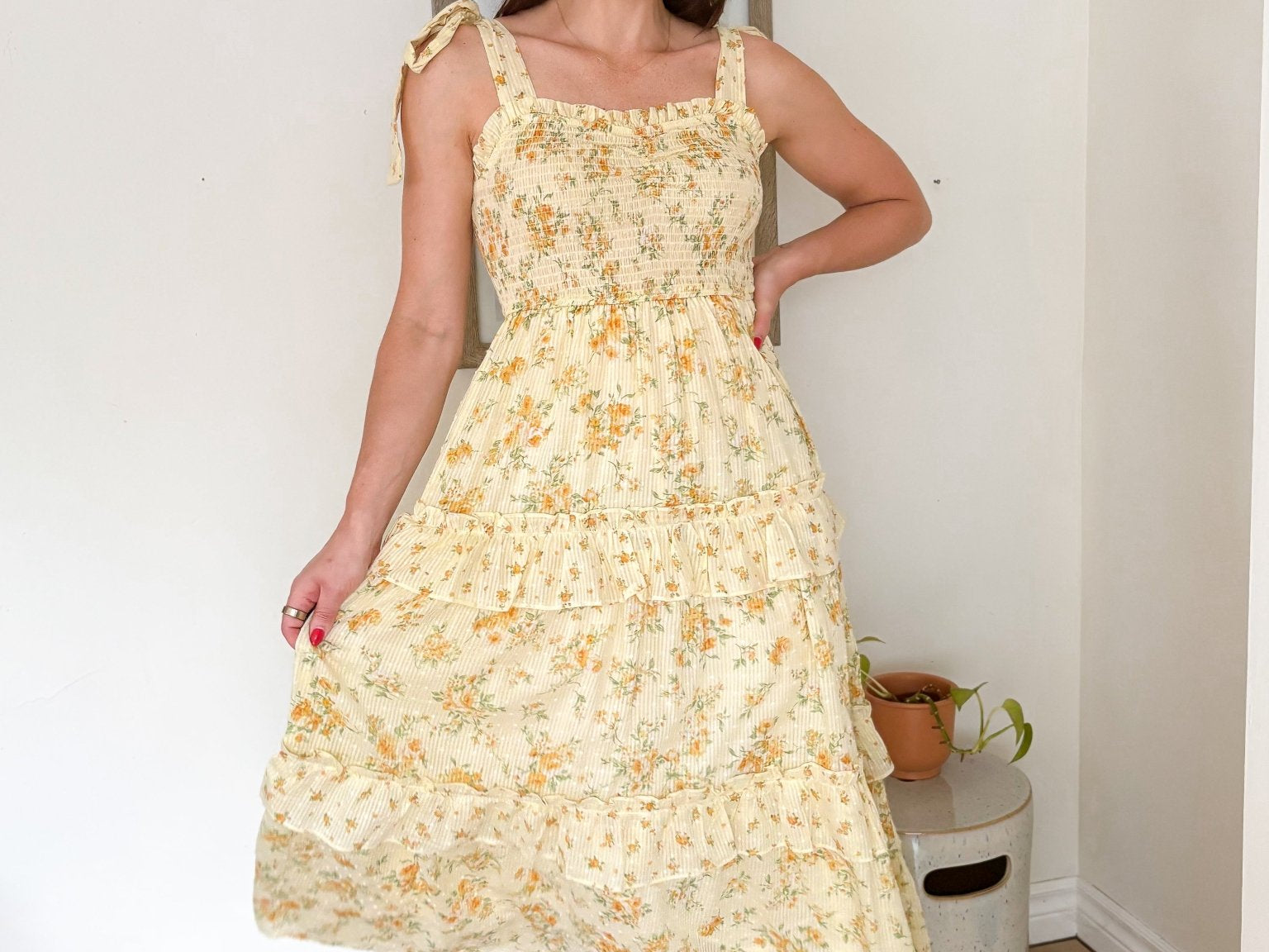 The Citrus Sip Floral Sweetheart Smocked Ruffle Detail Midi Dress - Love and Lee Apparel