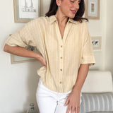 The Michelle Pinstripe Collared Button Down Wide 3/4 Sleeve Top in Butter Yellow - Love and Lee Apparel
