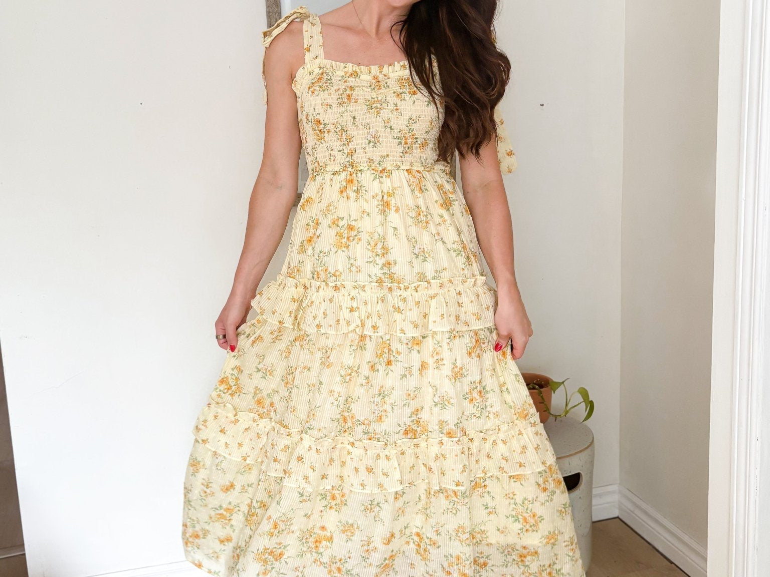The Citrus Sip Floral Sweetheart Smocked Ruffle Detail Midi Dress - Love and Lee Apparel