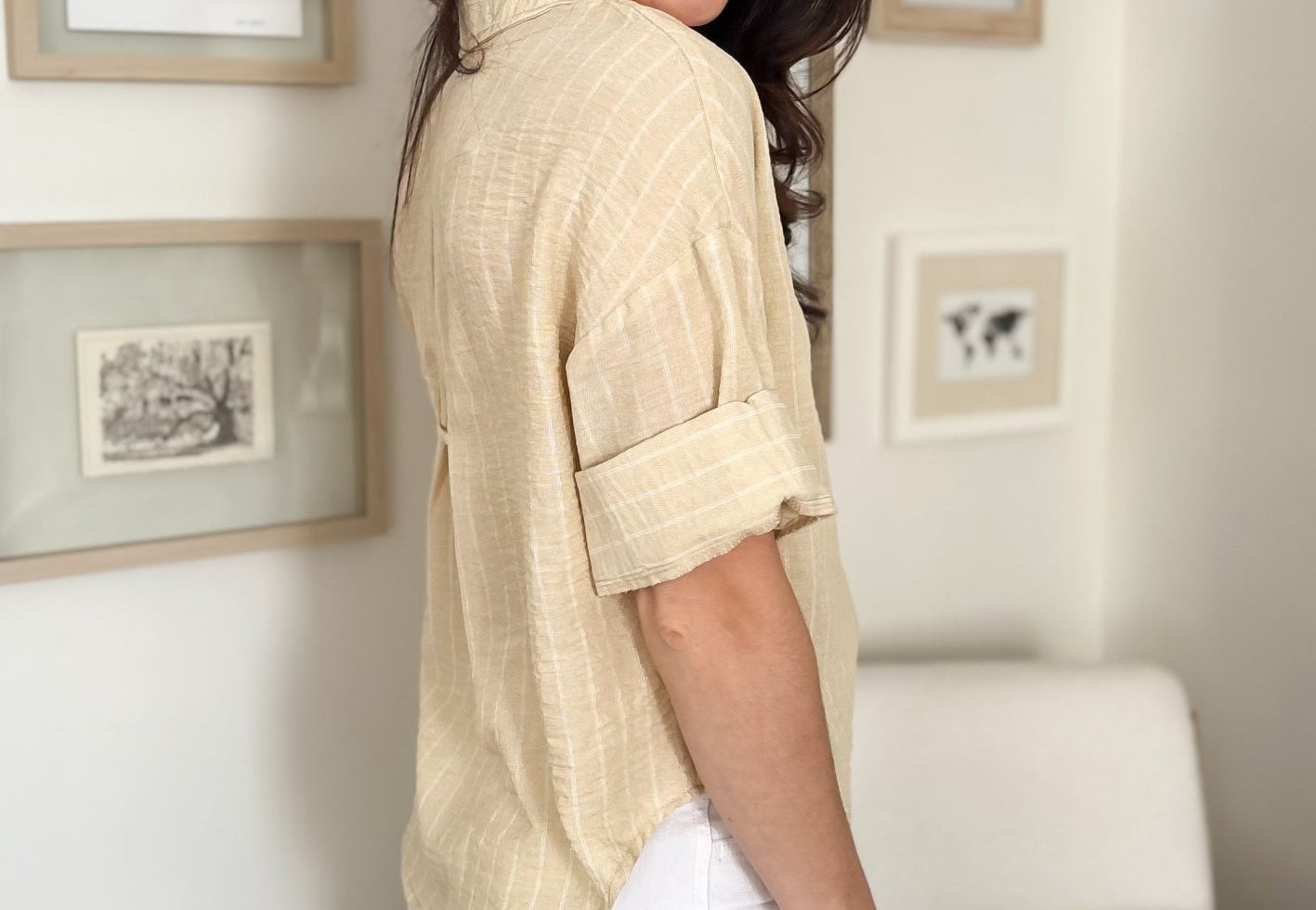 The Michelle Pinstripe Collared Button Down Wide 3/4 Sleeve Top in Butter Yellow - Love and Lee Apparel