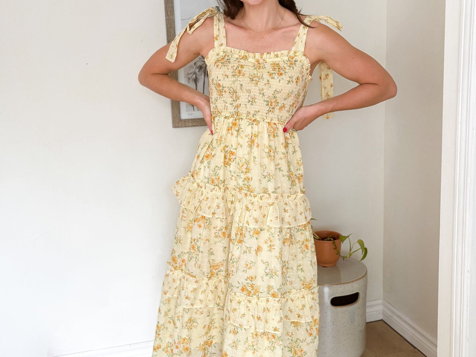 The Citrus Sip Floral Sweetheart Smocked Ruffle Detail Midi Dress - Love and Lee Apparel