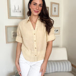 The Michelle Pinstripe Collared Button Down Wide 3/4 Sleeve Top in Butter Yellow - Love and Lee Apparel
