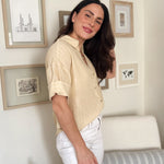 The Michelle Pinstripe Collared Button Down Wide 3/4 Sleeve Top in Butter Yellow - Love and Lee Apparel