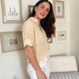 The Michelle Pinstripe Collared Button Down Wide 3/4 Sleeve Top in Butter Yellow - Love and Lee Apparel