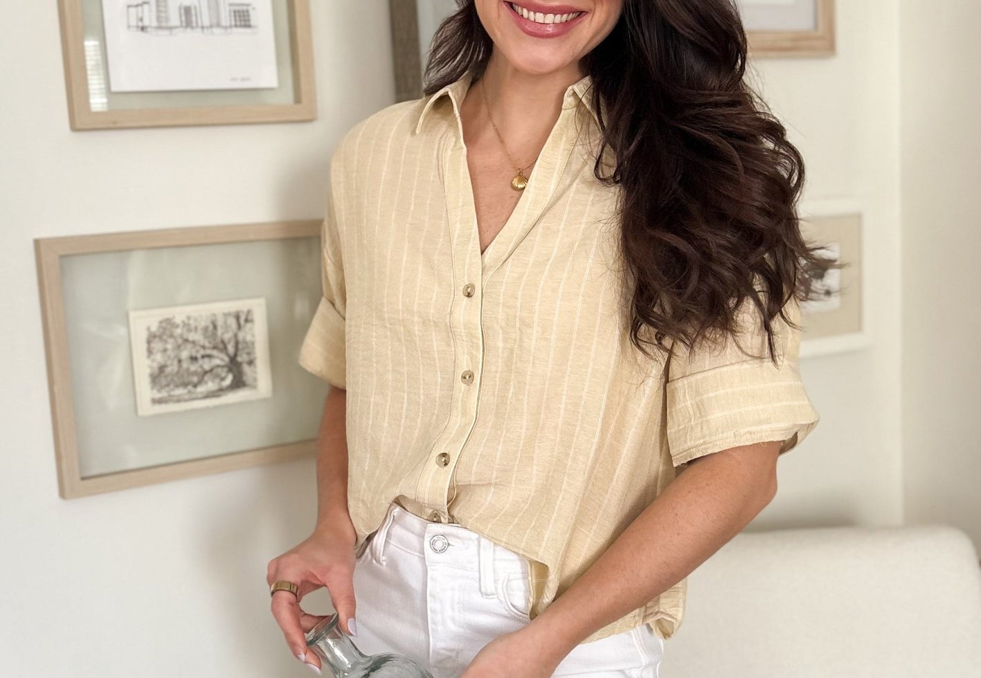 The Michelle Pinstripe Collared Button Down Wide 3/4 Sleeve Top in Butter Yellow - Love and Lee Apparel