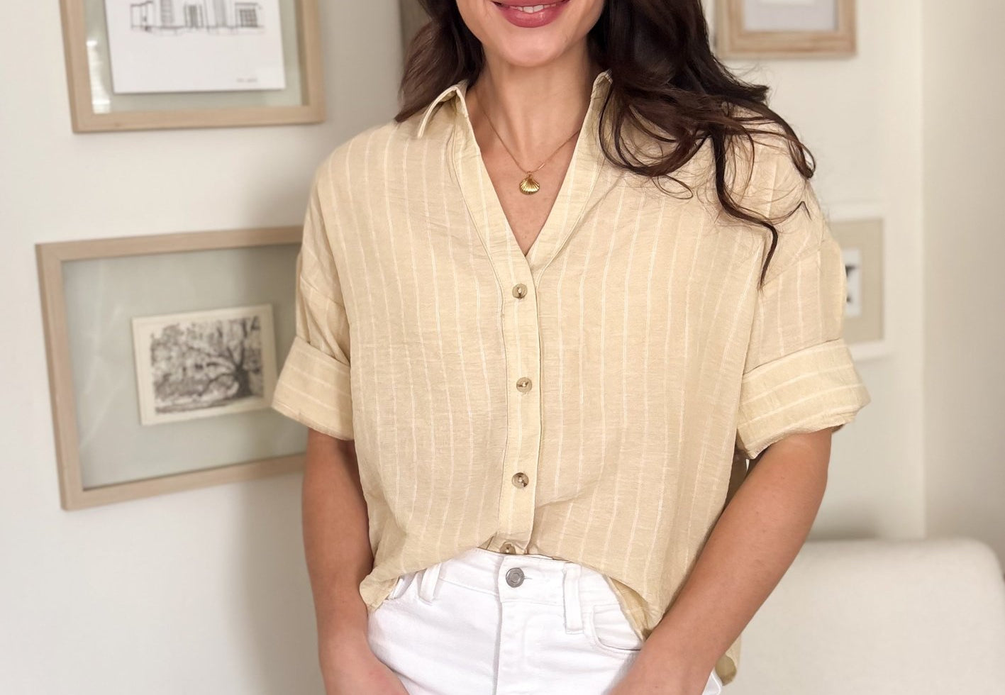 The Michelle Pinstripe Collared Button Down Wide 3/4 Sleeve Top in Butter Yellow - Love and Lee Apparel