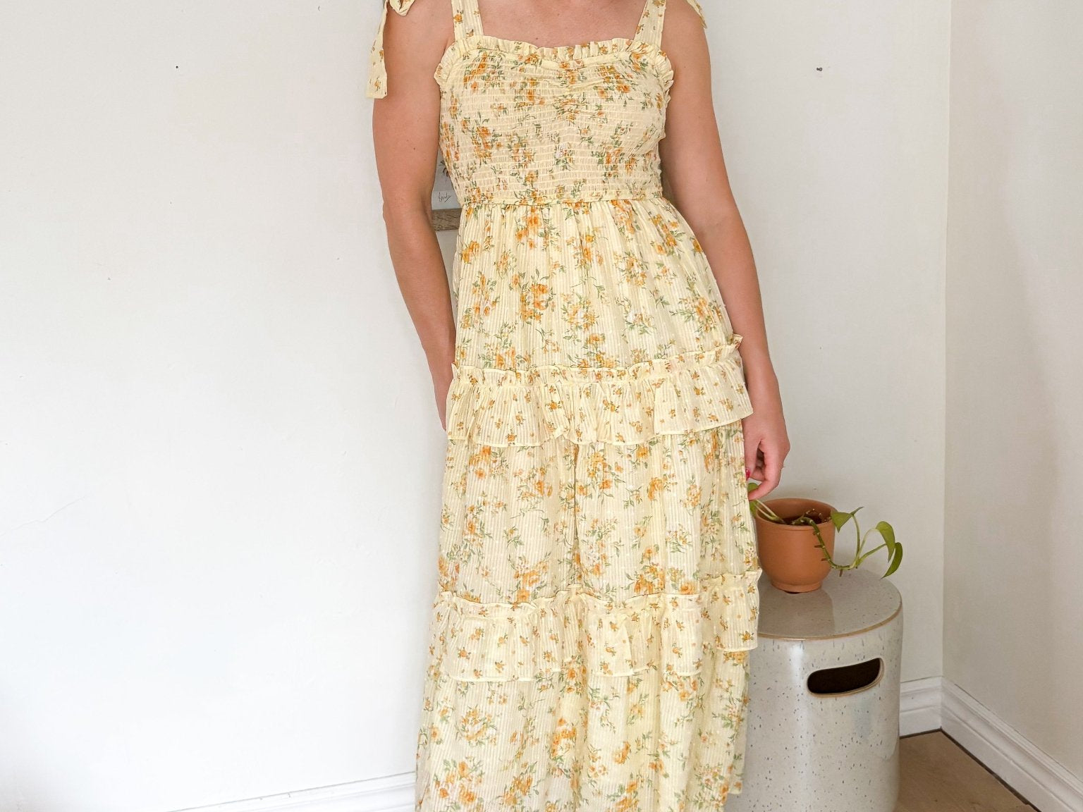 The Citrus Sip Floral Sweetheart Smocked Ruffle Detail Midi Dress - Love and Lee Apparel