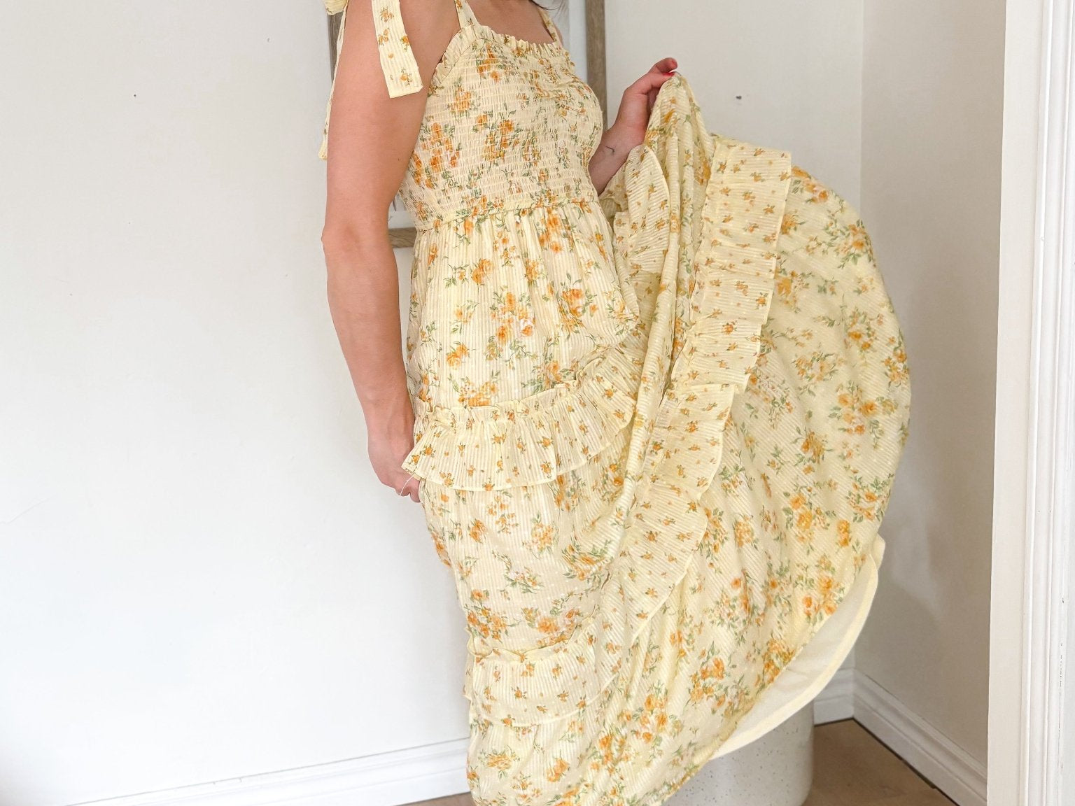 The Citrus Sip Floral Sweetheart Smocked Ruffle Detail Midi Dress - Love and Lee Apparel