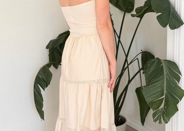 The Stacey Strapless Mixed Media Line Lace Detail Midi Dress - Love and Lee Apparel