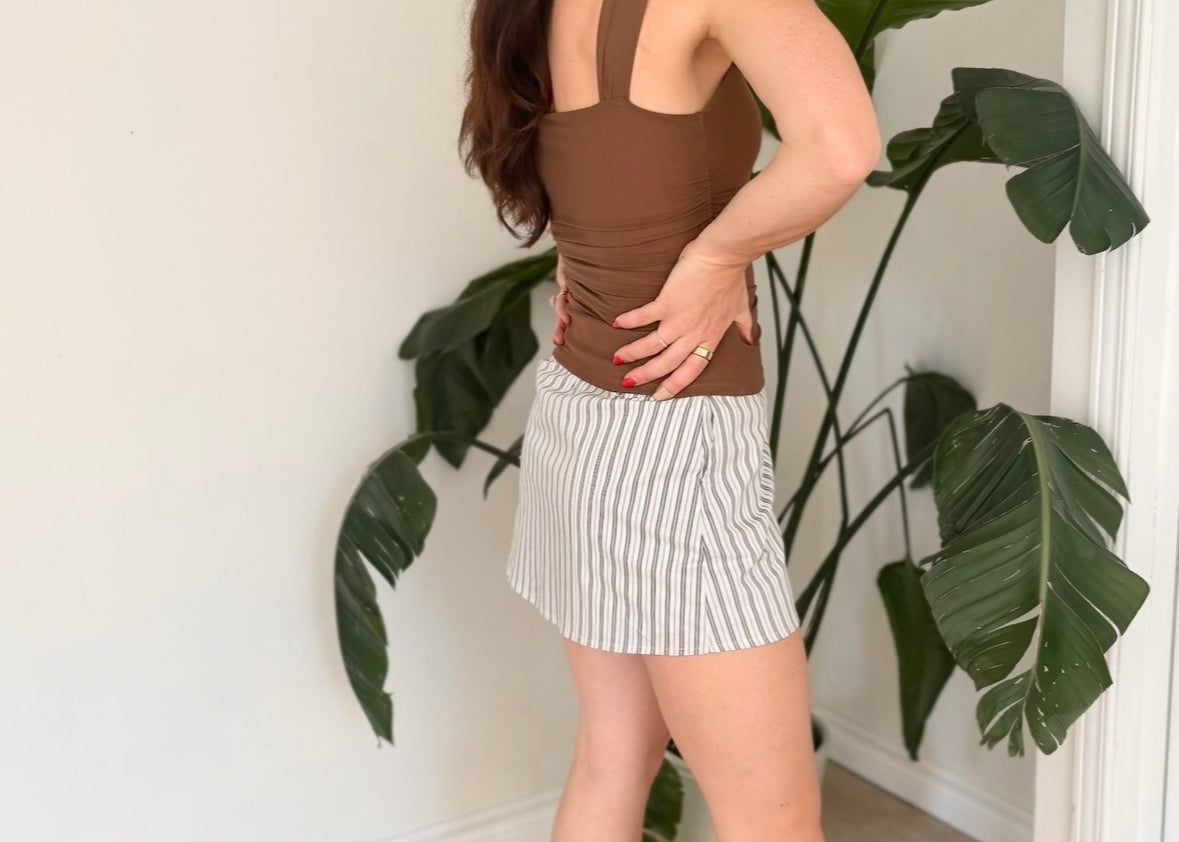 The Martha Ruched Wide Strap Mesh Knit Top in Brown - Love and Lee Apparel