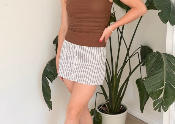 The Martha Ruched Wide Strap Mesh Knit Top in Brown - Love and Lee Apparel