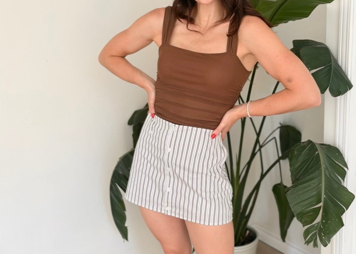 The Macey Mid Rise Front Button Down Multi Striped Poplin Skort - Love and Lee Apparel
