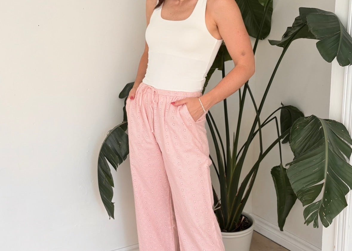 The Eliza Pink Woven Long Pants with Eyelet Lace Detail - Love and Lee Apparel