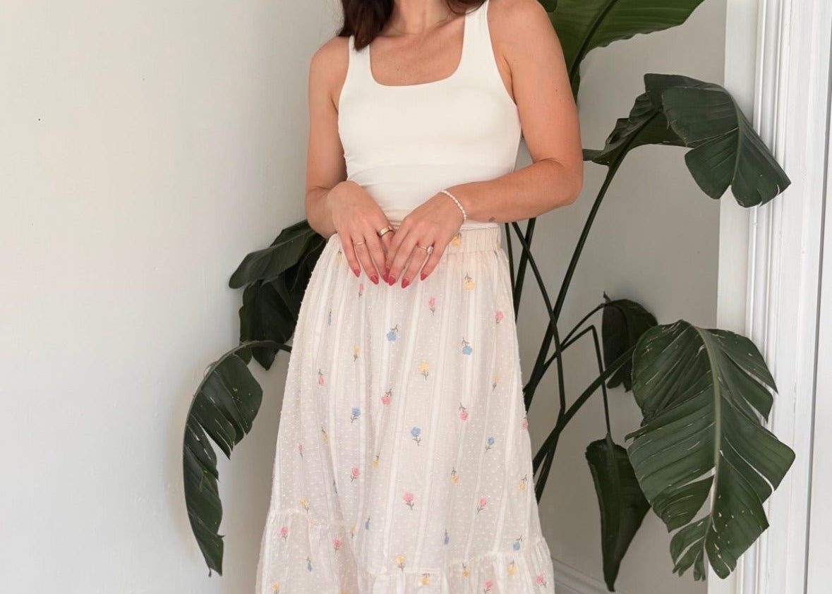 The Maxime Floral Embroidery Clip Dot Pattern Midi Skirt - Love and Lee Apparel