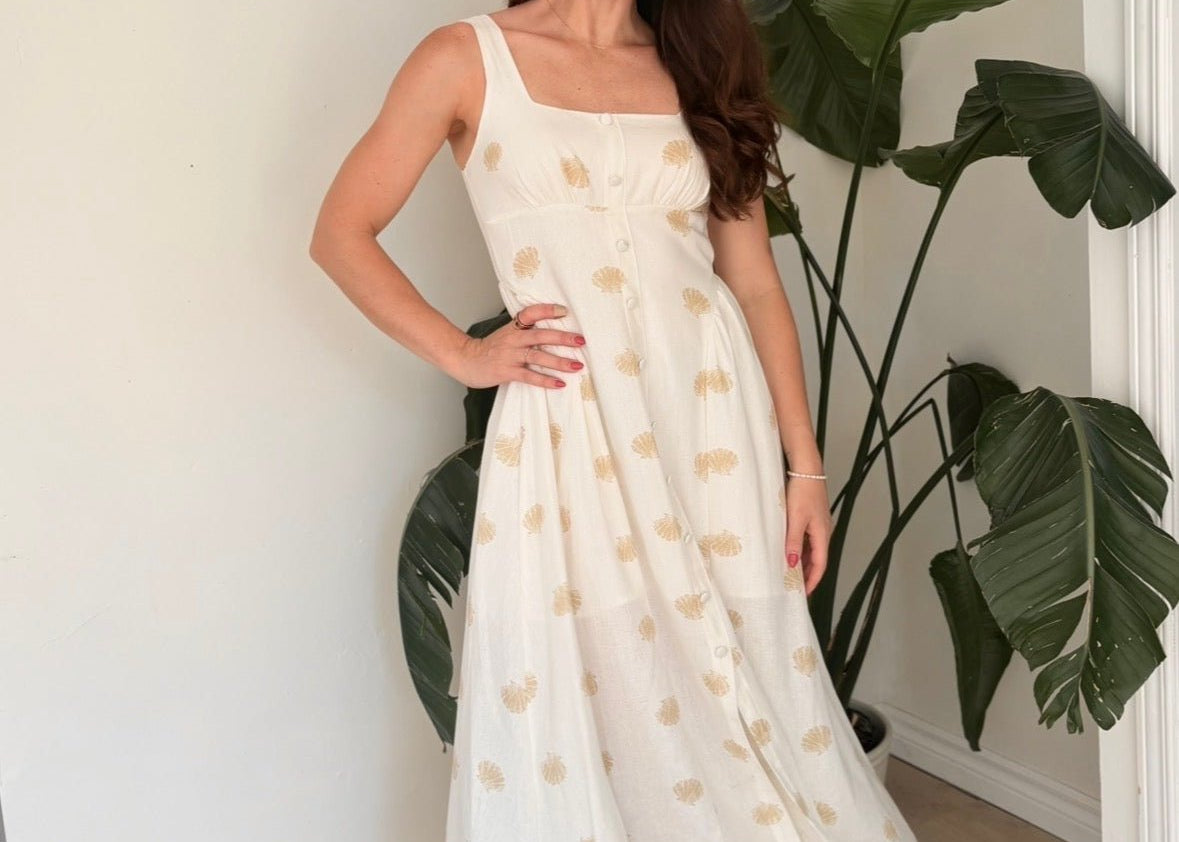 Seashell Print Button Down Sleeveless Midi Dress - Love and Lee Apparel