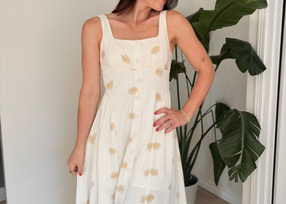 Seashell Print Button Down Sleeveless Midi Dress - Love and Lee Apparel