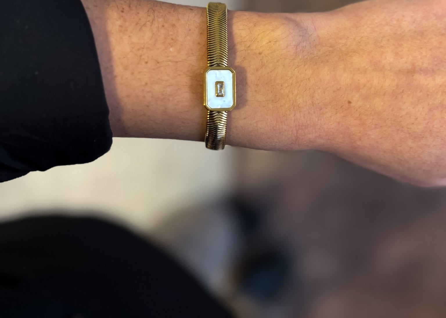 Accordion Style Flat Bracelet with Emerald Cut Opal/Rhinstone Pendant - 18K Gold Plated - Love and Lee Apparel