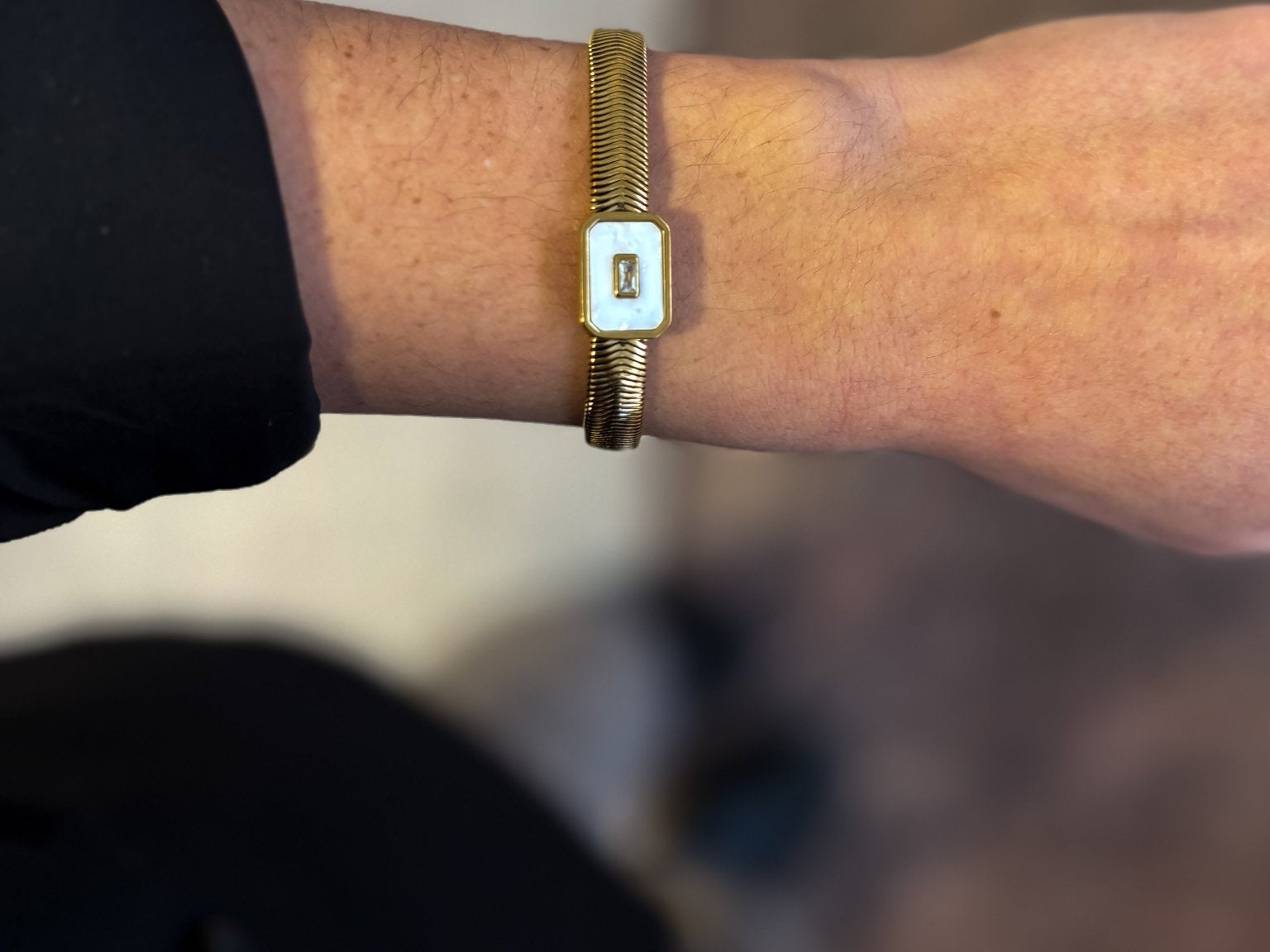 Accordion Style Flat Bracelet with Emerald Cut Opal/Rhinstone Pendant - 18K Gold Plated - Love and Lee Apparel