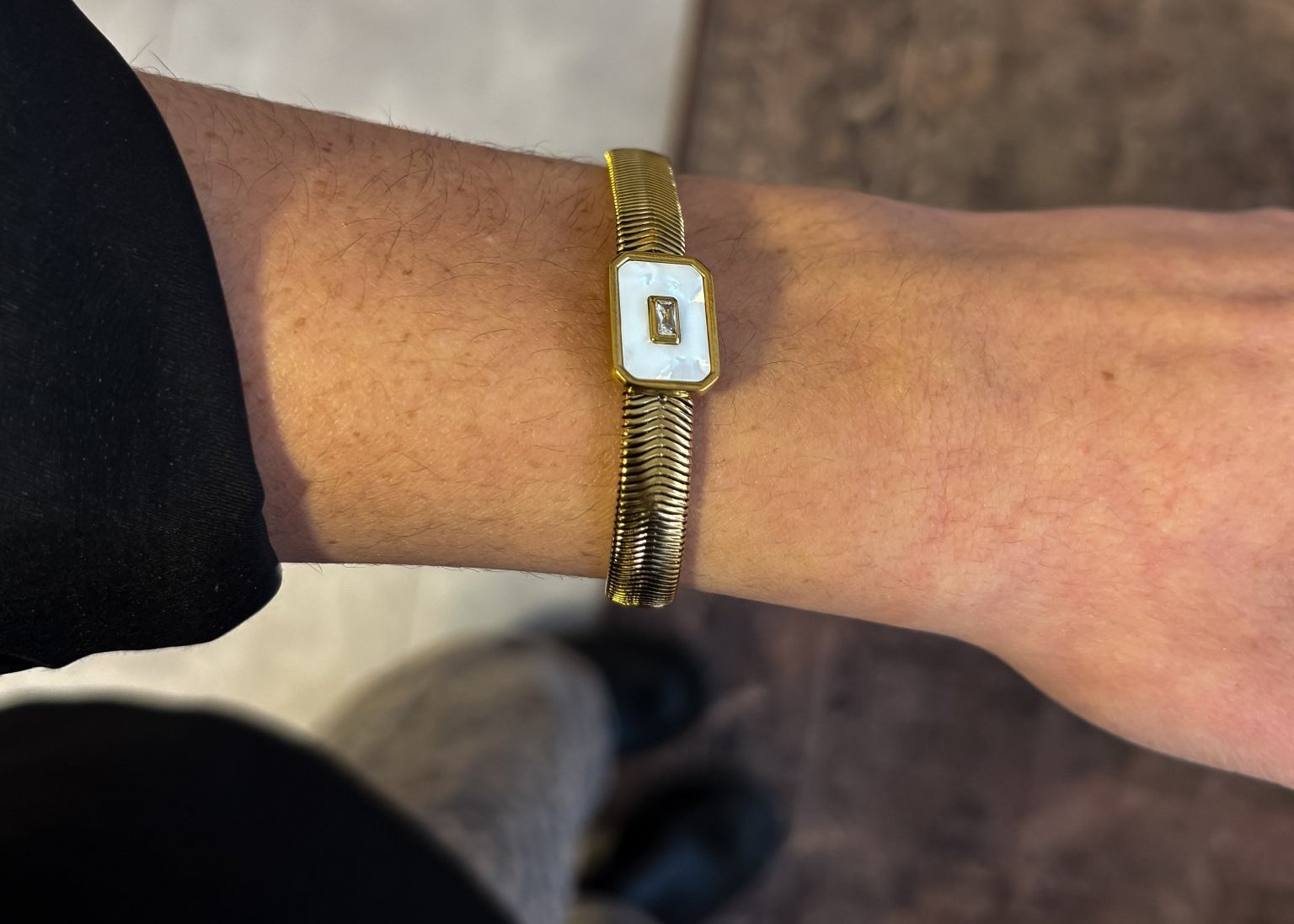 Accordion Style Flat Bracelet with Emerald Cut Opal/Rhinstone Pendant - 18K Gold Plated - Love and Lee Apparel