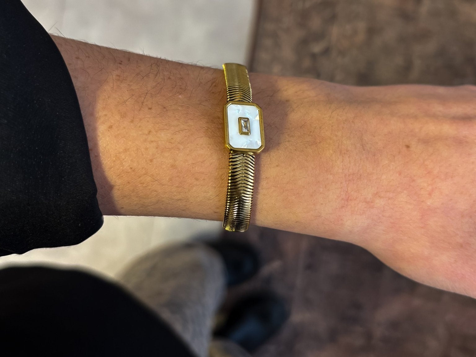 Accordion Style Flat Bracelet with Emerald Cut Opal/Rhinstone Pendant - 18K Gold Plated - Love and Lee Apparel