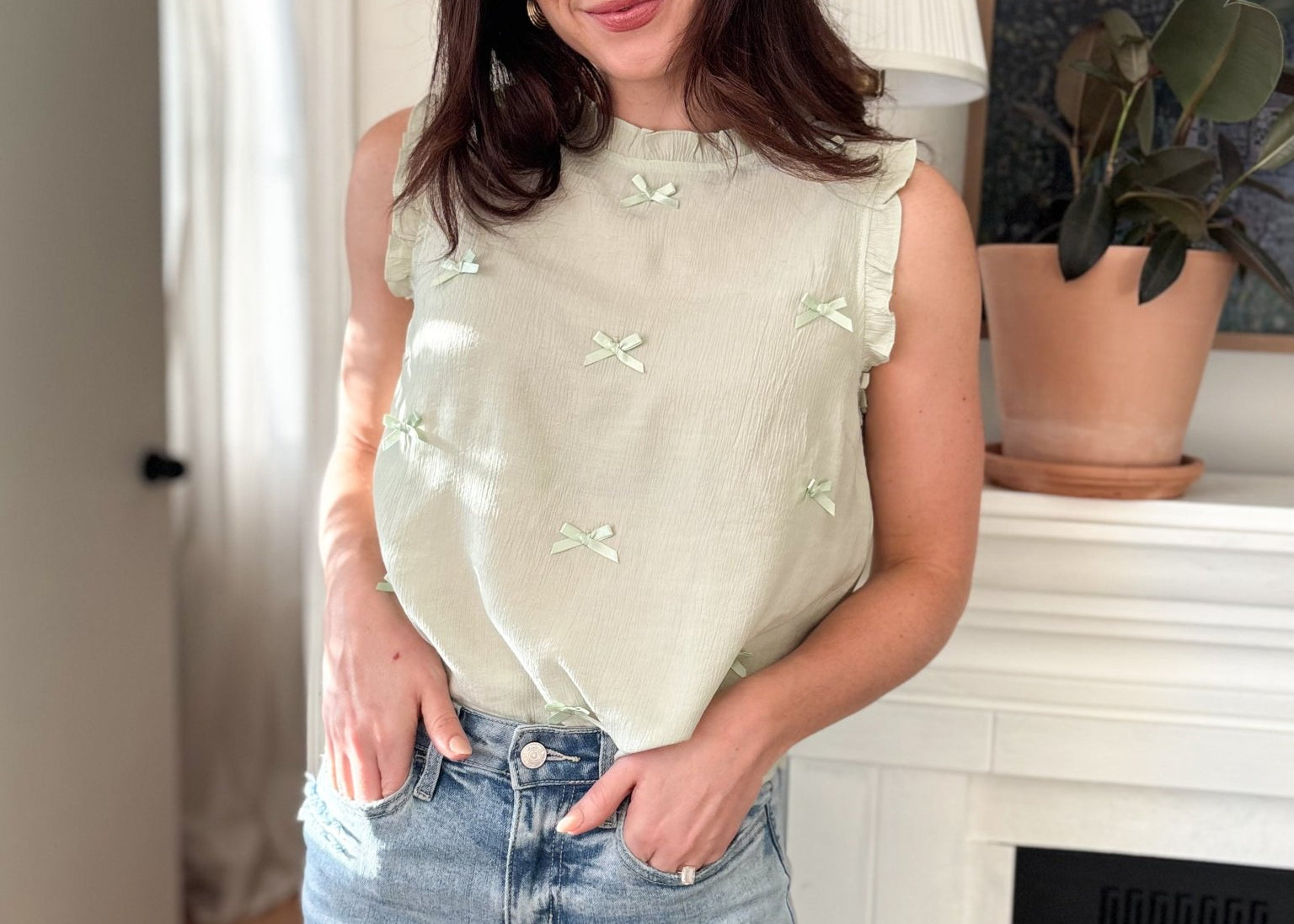 The Raelynn Ribbon Bow Pattern Ruffle Trim Sleeveless Top - Love and Lee Apparel