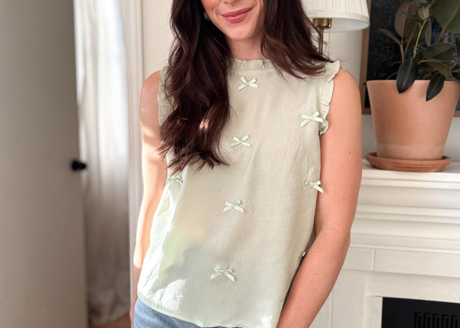 The Raelynn Ribbon Bow Pattern Ruffle Trim Sleeveless Top - Love and Lee Apparel