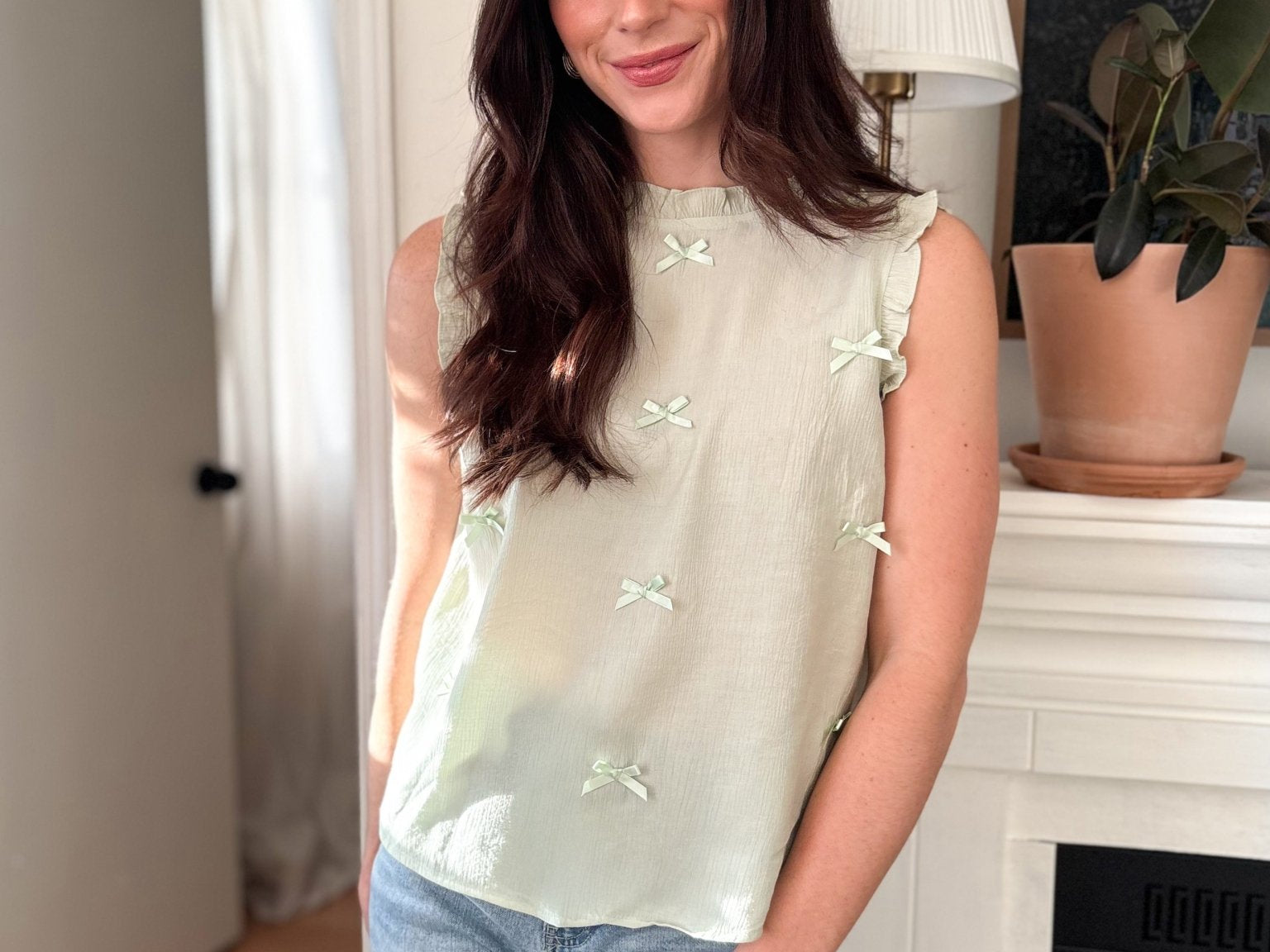 The Raelynn Ribbon Bow Pattern Ruffle Trim Sleeveless Top - Love and Lee Apparel