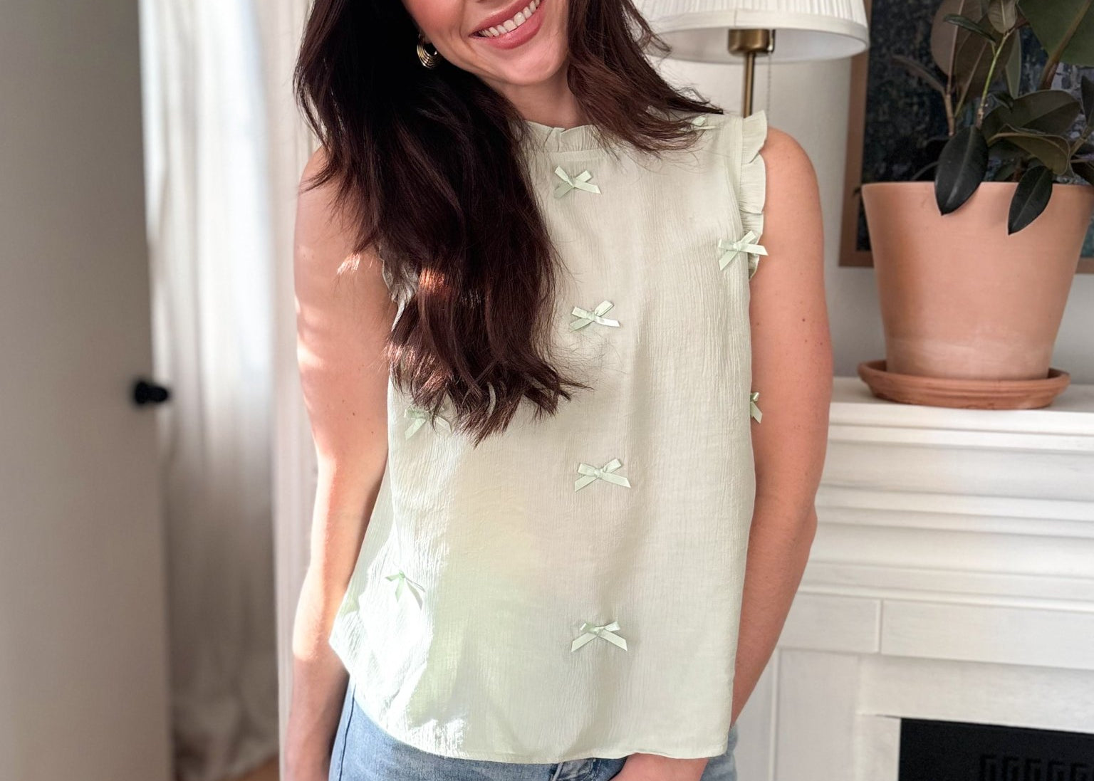 The Raelynn Ribbon Bow Pattern Ruffle Trim Sleeveless Top - Love and Lee Apparel